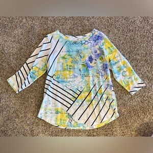80. Allison Daley Blue and Yellow Abstract Long Sleeve Top